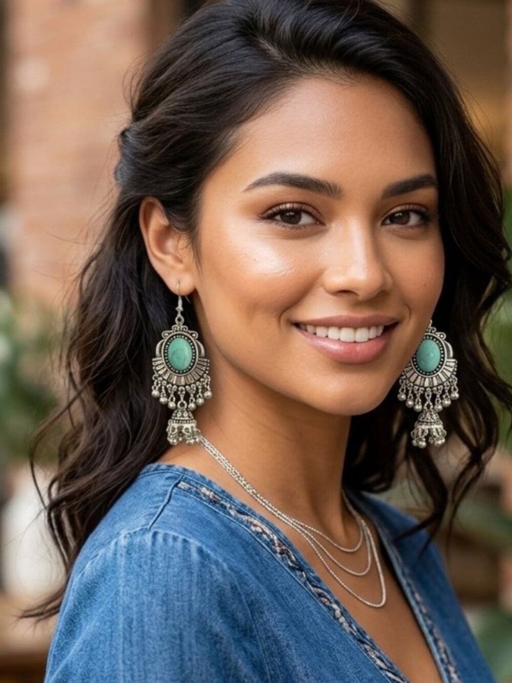 Southwestern Faux Turquoise and Silver Metal Pierced Earrings